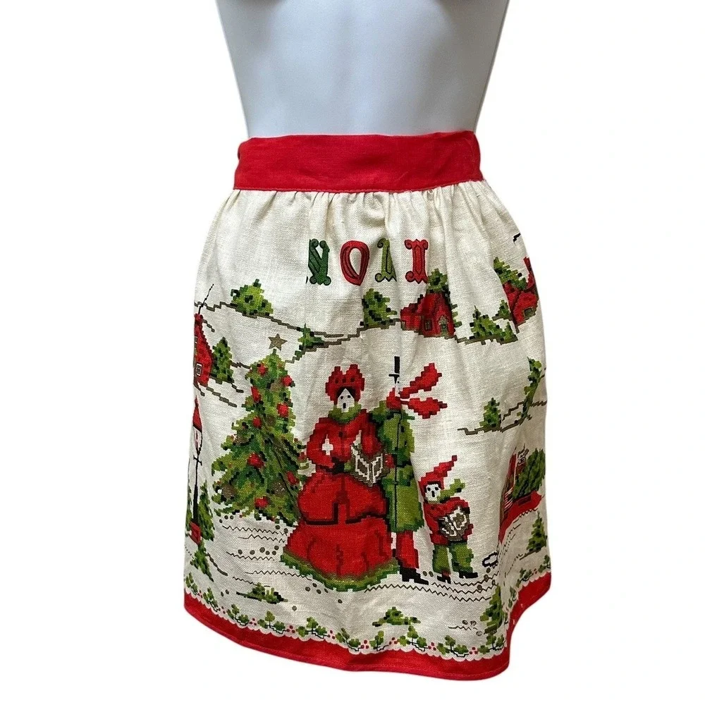 Vintage Linen Half Apron Kitchen Retro Noel Christmas Victorian Carolers